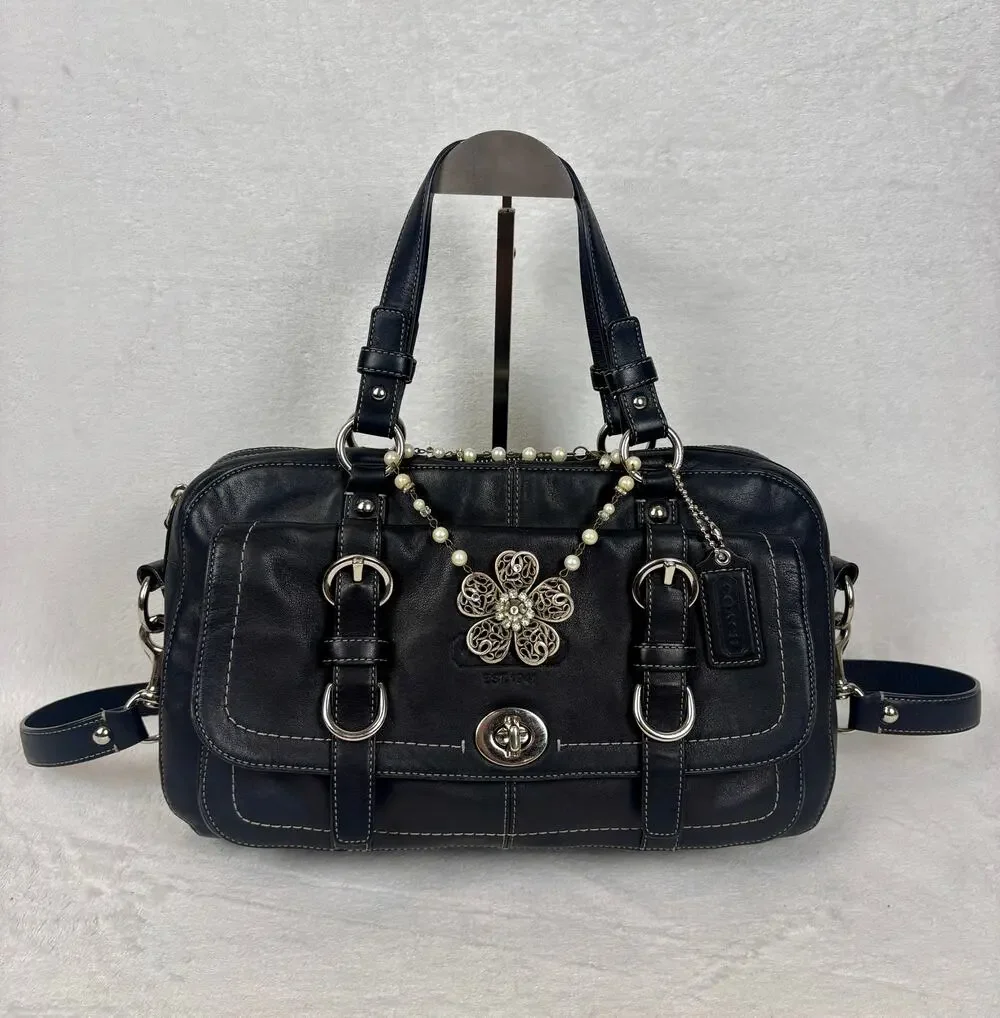 Coach Vintage Chelsea Black Leather Turnlock Satchel with Elegant Charm